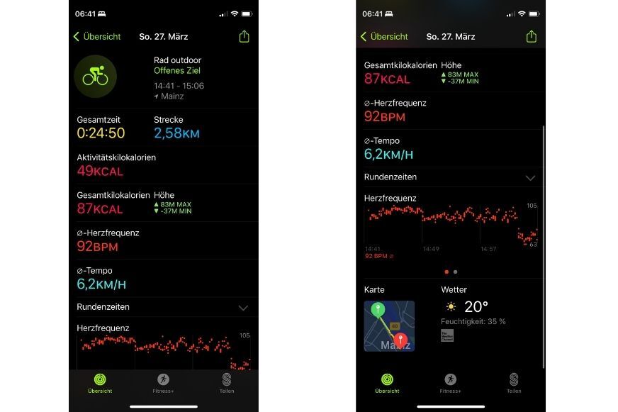 Man sieht die aufgezeichneten Trainingsdaten in der Apple Fitness App.